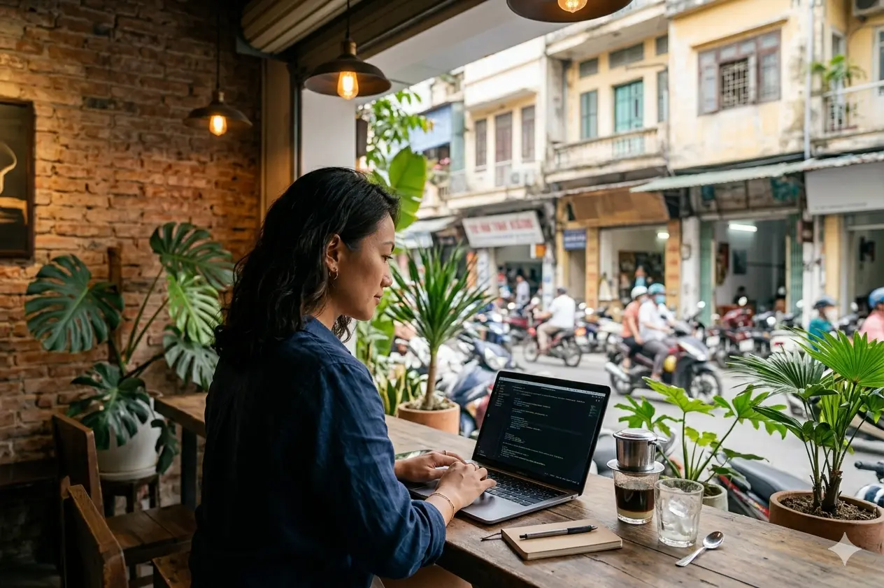 Vietnam digital nomad insurance - remote worker in Vietnamese coffee shop