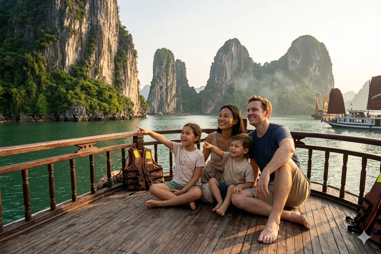 Family travel insurance Vietnam - family with children at Ha Long Bay