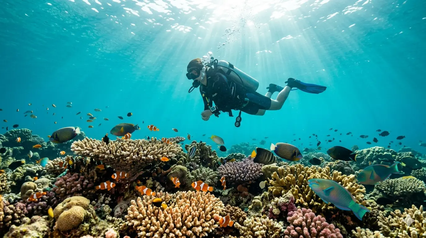 Scuba diving insurance Vietnam - diver underwater coral reef