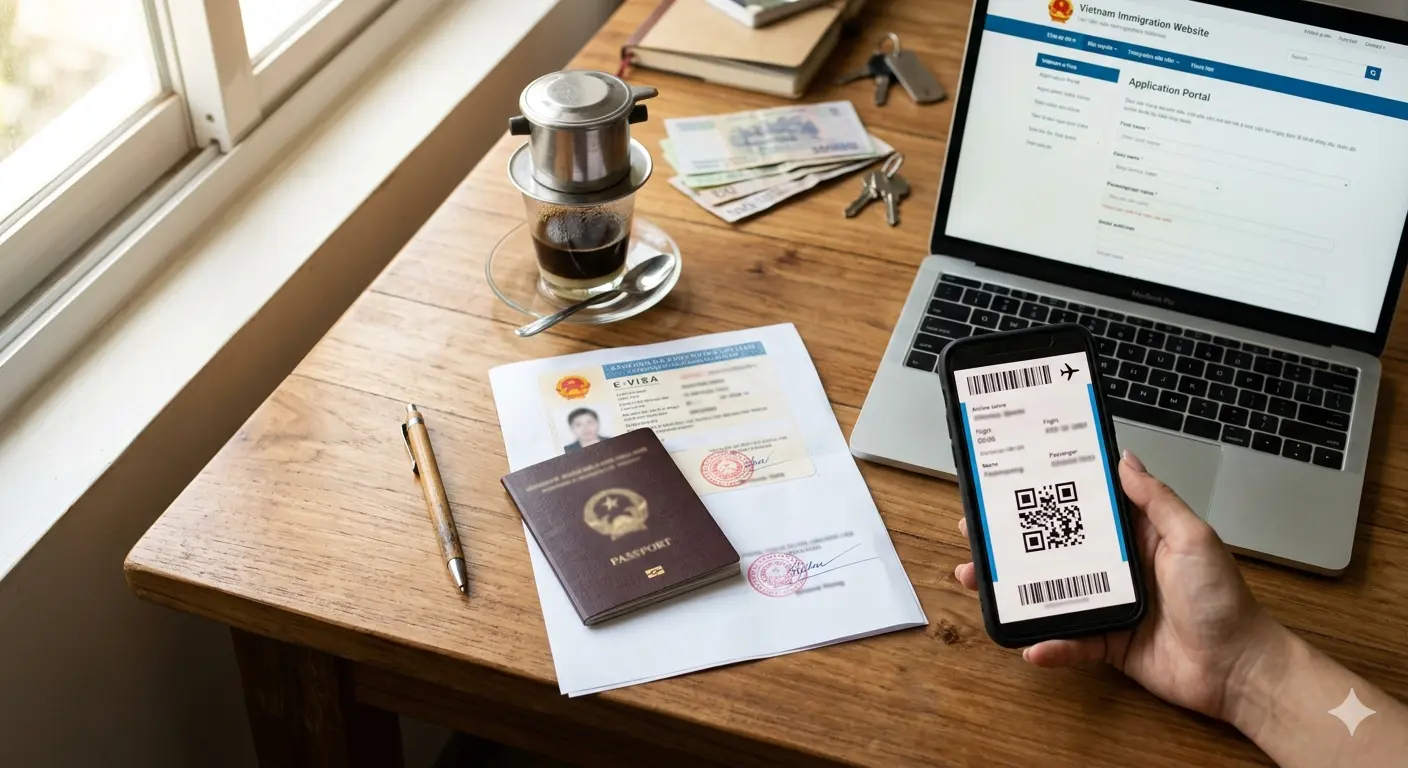 Vietnam e-visa insurance - passport and laptop for e-visa application