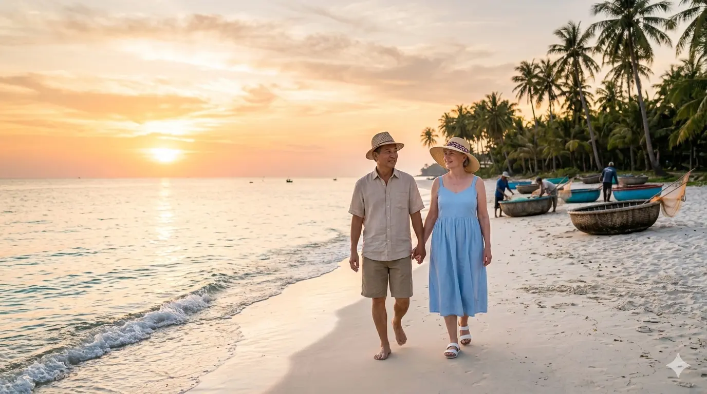 Vietnam travel insurance seniors - senior couple at Vietnamese beach